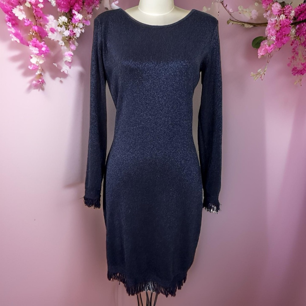 👗Nanette Lepore cocktail dress, dark blue shimmery, fringe hem and sleeve…